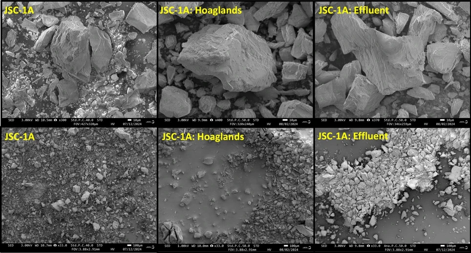 ACS Earth Space Chem. 2026, 10, 2, 441–454: Figure 5. Lunar simulant JSC-1A imaged with scanning electron microscope (SEM). The electron beam energy ranged from 1 to 3 kV. The Hoagland’s and effluent images are after the 24 h batch experiment.