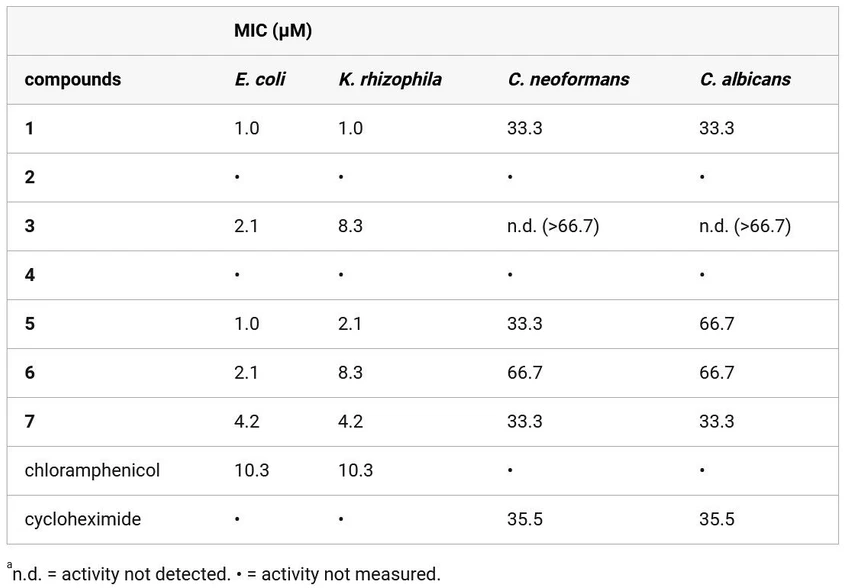 ACS Omega 2025, 10, 22, 23222–23234: Table 5. Minimal Inhibition Concentration (MIC) of Compounds Gunacin (1), Gunacin A (2), Gunacin B1 (3), Gunacin B2 (4), Gunacin C (5), Gunacin D (6), and Gunacin E (7) against Model Pathogenic Microorganisms E. coli, K. rhizophila, C. neoformans, and C. albicansa