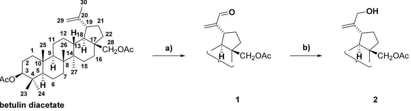 ACS Omega (2026) 11 (16): 24564–24579: Scheme 1. Modification of Betulin Diacetate at C-30 Using the Allylic Oxidation/Reduction Sequence. Reagents and conditions: (a) SeO2, TBHP, DCM, AcOH, rt, 48 h, 84%; (b) NaBH4, CeCl3·7H2O, THF, MeOH, 15 min, 78%.