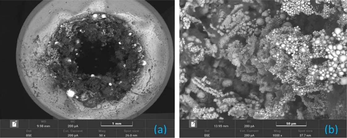 ACS Omega 2026, 11, 3, 4668–4683: Figure 11. SEM analysis of B4 after burning: (a) top view (50 ×) of the burned delay element showing the distribution of solid residues across the surface; (b) magnified view (1 k×) of a region rich in bright spherical structures.