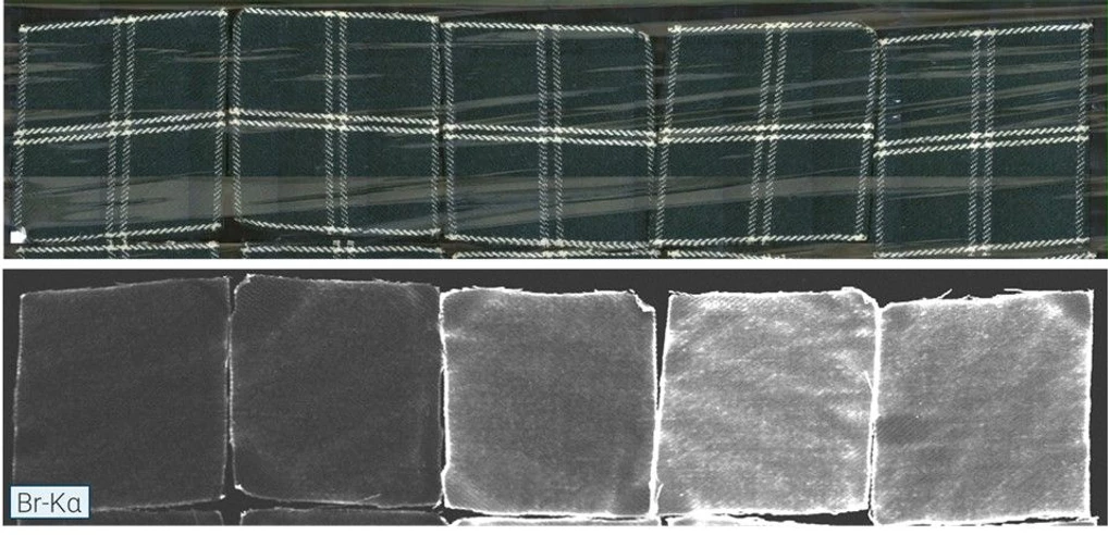 Bruker: Cloth with varying amounts of non-poisonous KBr solution used for creating calibration curves for quantitative analysis: (a) VIS; (b) Br-Kα distribution, M6 JETSTREAM, 50 kV, 600 µA, 40 µm spot, 300 µm pixel, 50 ms/px, 2x 60 mm2 SDD.
