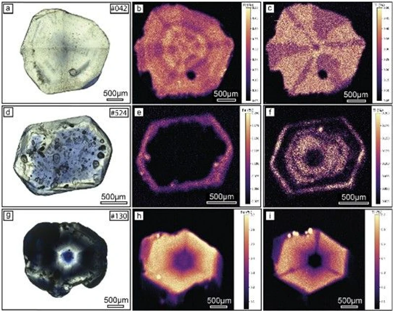 Bruker: Representative micro-XRF quantitative Fe and Ti elemental distribution map of sapphires's basal sections.