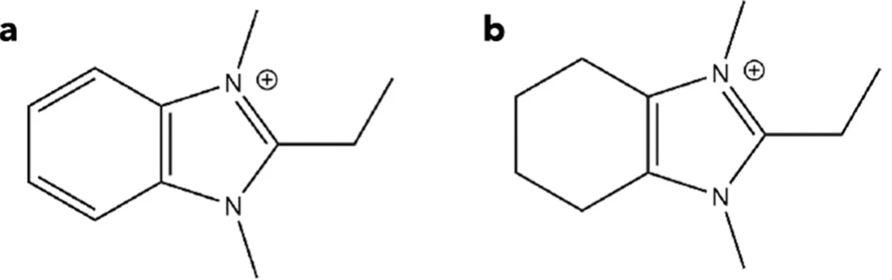 J. Am. Chem. Soc. 2026, 148, 6, 6686–6694: Figure 1. Organic structure-directing agents used in the synthesis. (a) 2-Ethyl-1,3-dimethylbenzimidazolium (denoted OSDA1) used to form EMM-75P and EM-L01 and (b) 2-ethyl-1,3-dimethyl-4,5,6,7-tetrahydrobenzimidazol-3-ium (denoted OSDA2) used to form EM-L02.