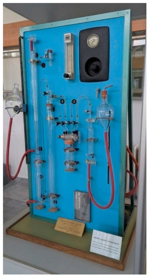 Separations 2026, 13(7), 188: Figure 1. Janak’s volumetric gas chromatograph—the instrument is displayed in the vestibule of the building of the Institute of Analytical Chemistry, Czech Academy of Sciences, in Brno.